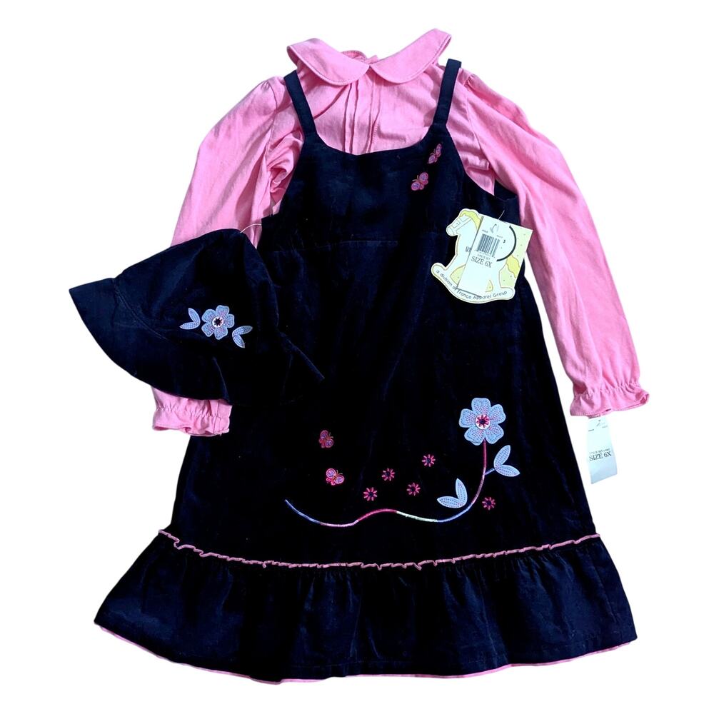 NWT Little Bitty Navy Corduroy Jumper Dress Pink Top and Hat Set | Girls 6X